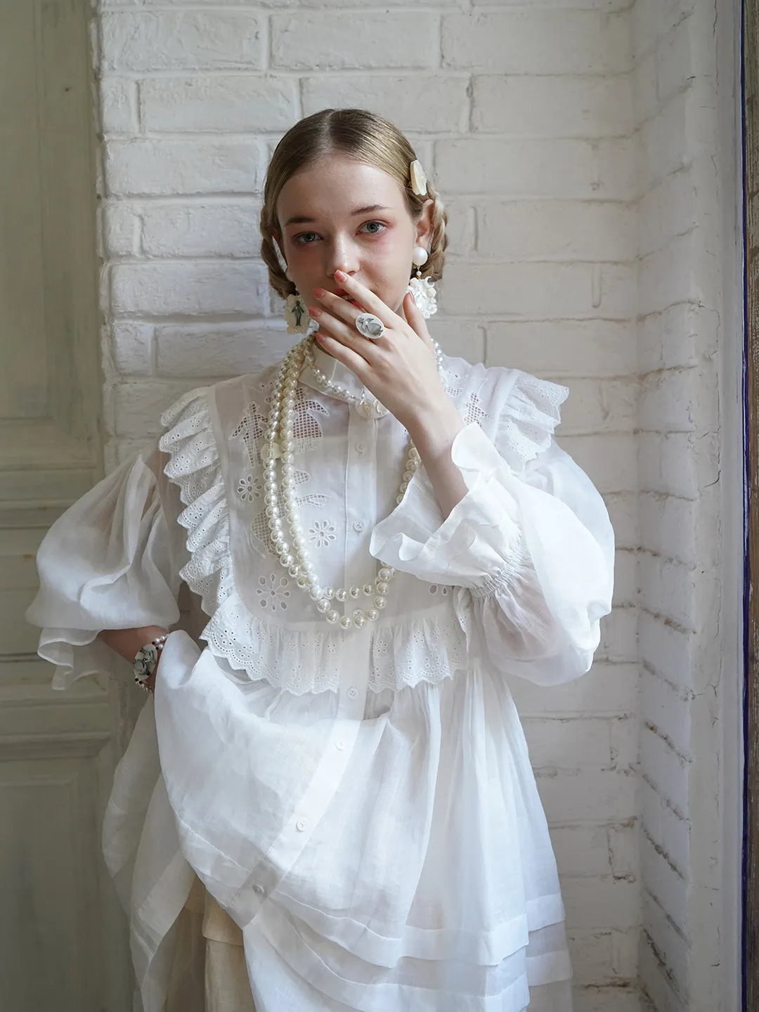 Unlogical Poem Paper-cut Hollow Embroidered Ramie Shirt Dress