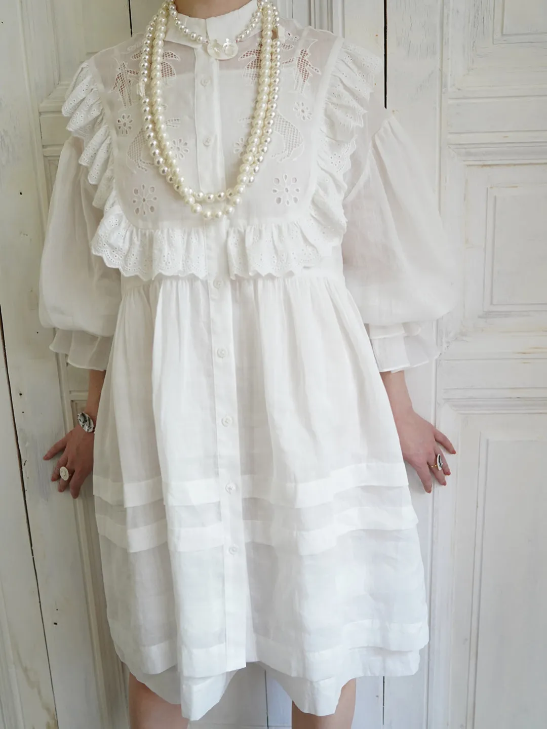 Unlogical Poem Paper-cut Hollow Embroidered Ramie Shirt Dress