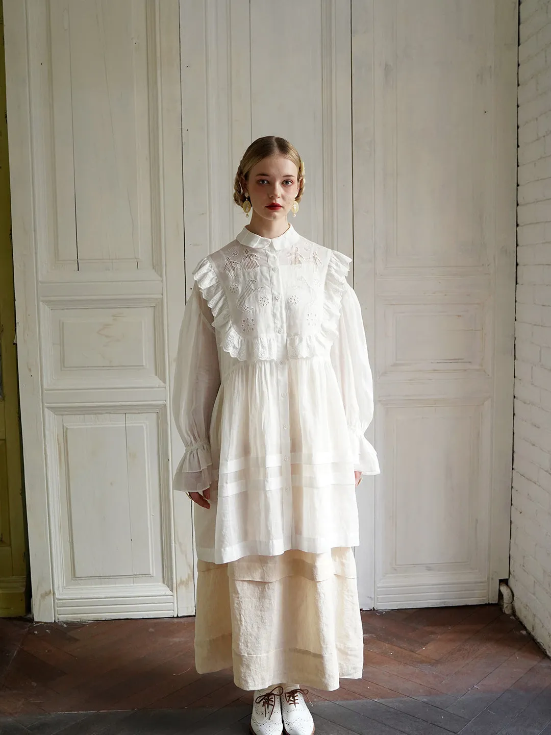 Unlogical Poem Paper-cut Hollow Embroidered Ramie Shirt Dress
