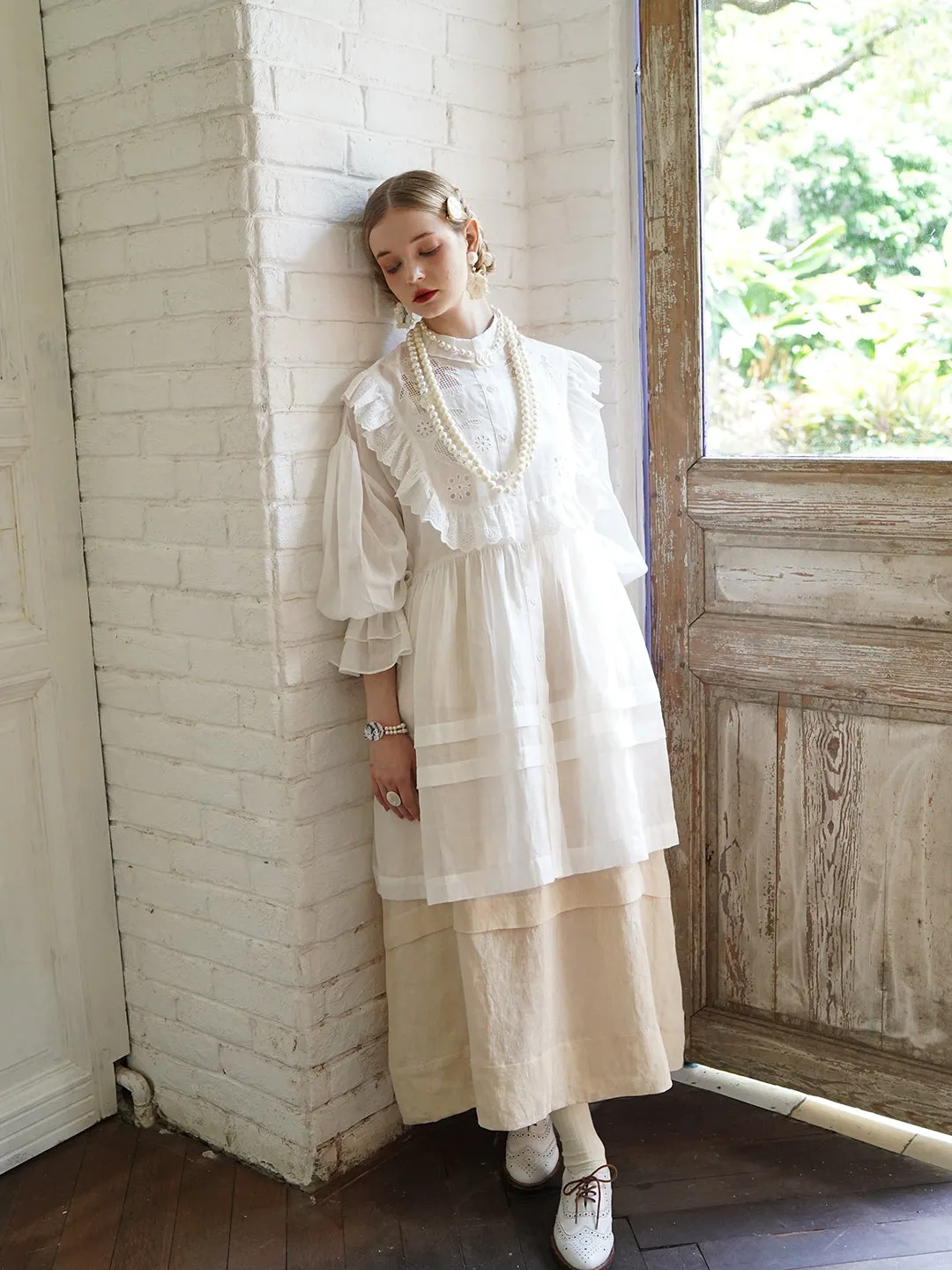 Unlogical Poem Paper-cut Hollow Embroidered Ramie Shirt Dress
