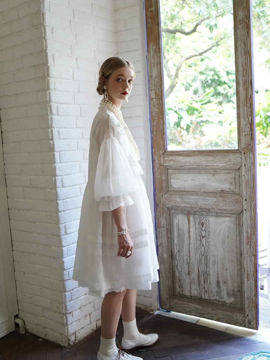 Unlogical Poem Paper-cut Hollow Embroidered Ramie Shirt Dress