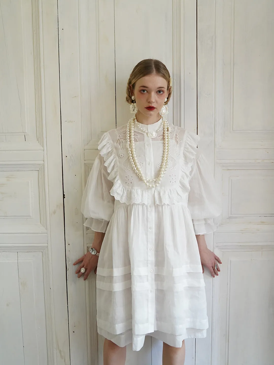 Unlogical Poem Paper-cut Hollow Embroidered Ramie Shirt Dress