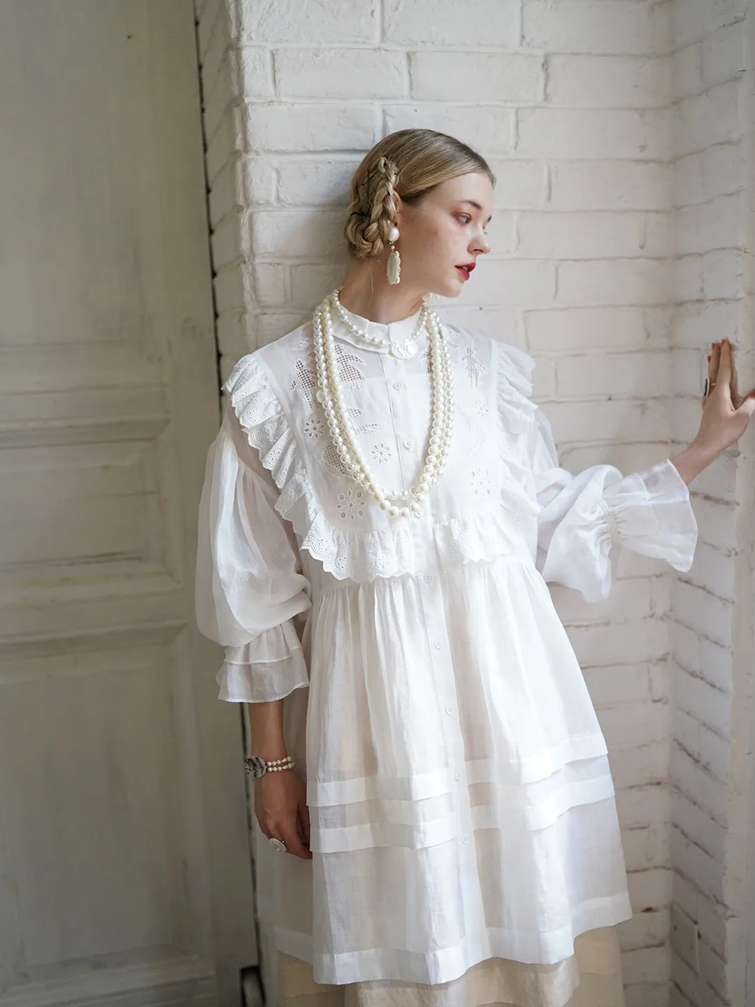 Unlogical Poem Paper-cut Hollow Embroidered Ramie Shirt Dress