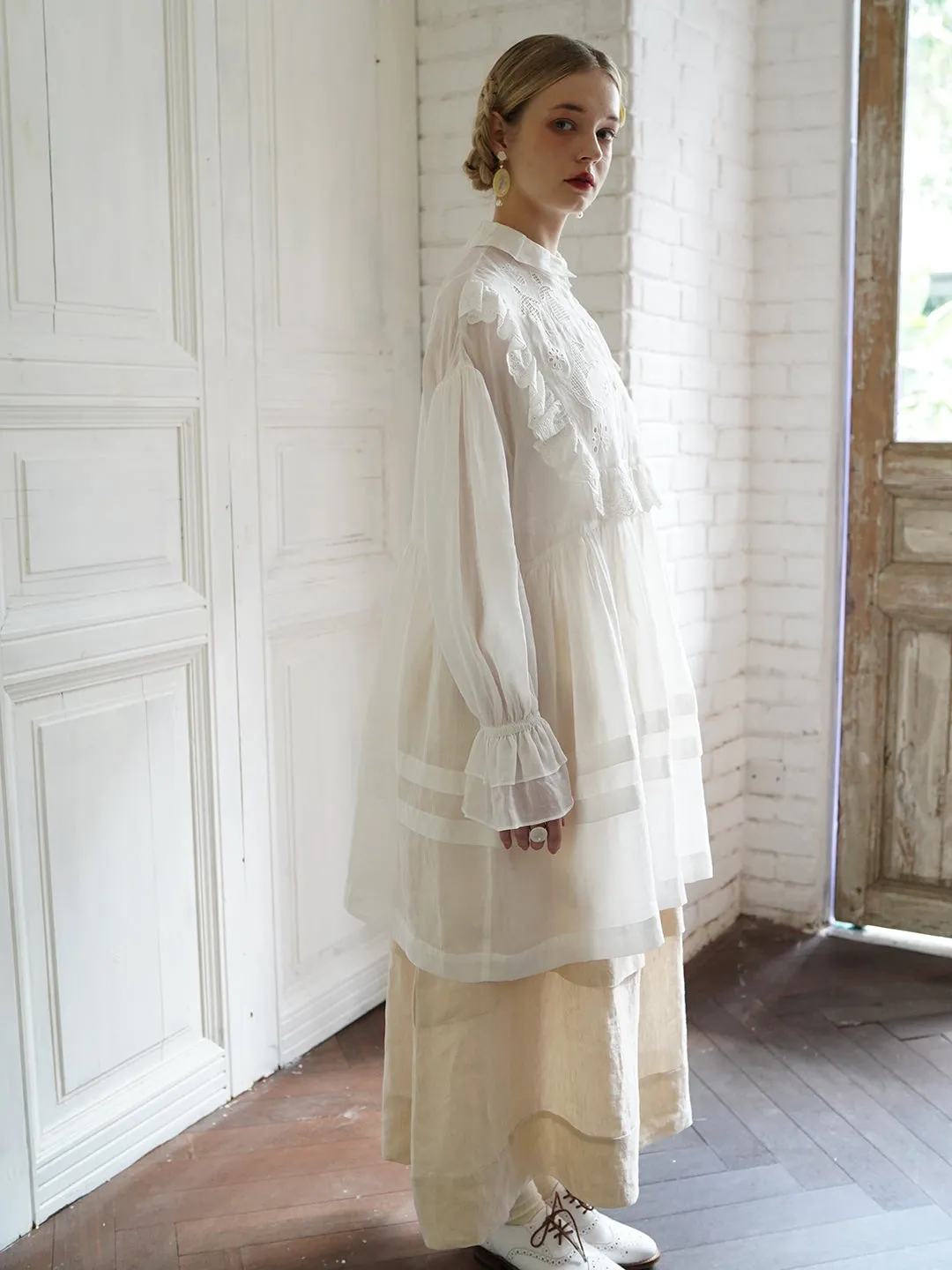 Unlogical Poem Paper-cut Hollow Embroidered Ramie Shirt Dress