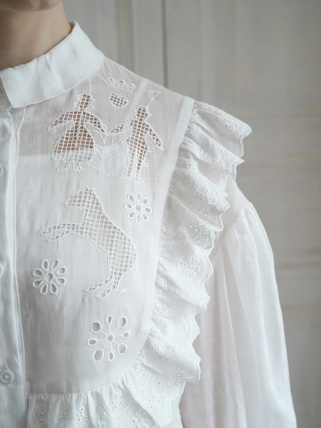Unlogical Poem Paper-cut Hollow Embroidered Ramie Shirt Dress
