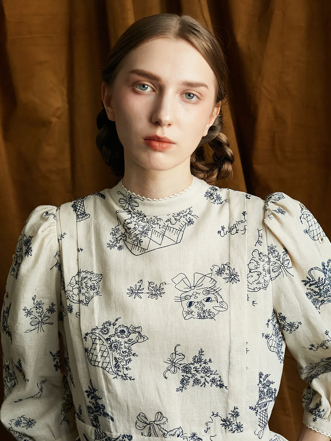 Unlogical Poem Victorian style Blue Illustration Embroidered Ramie Dress