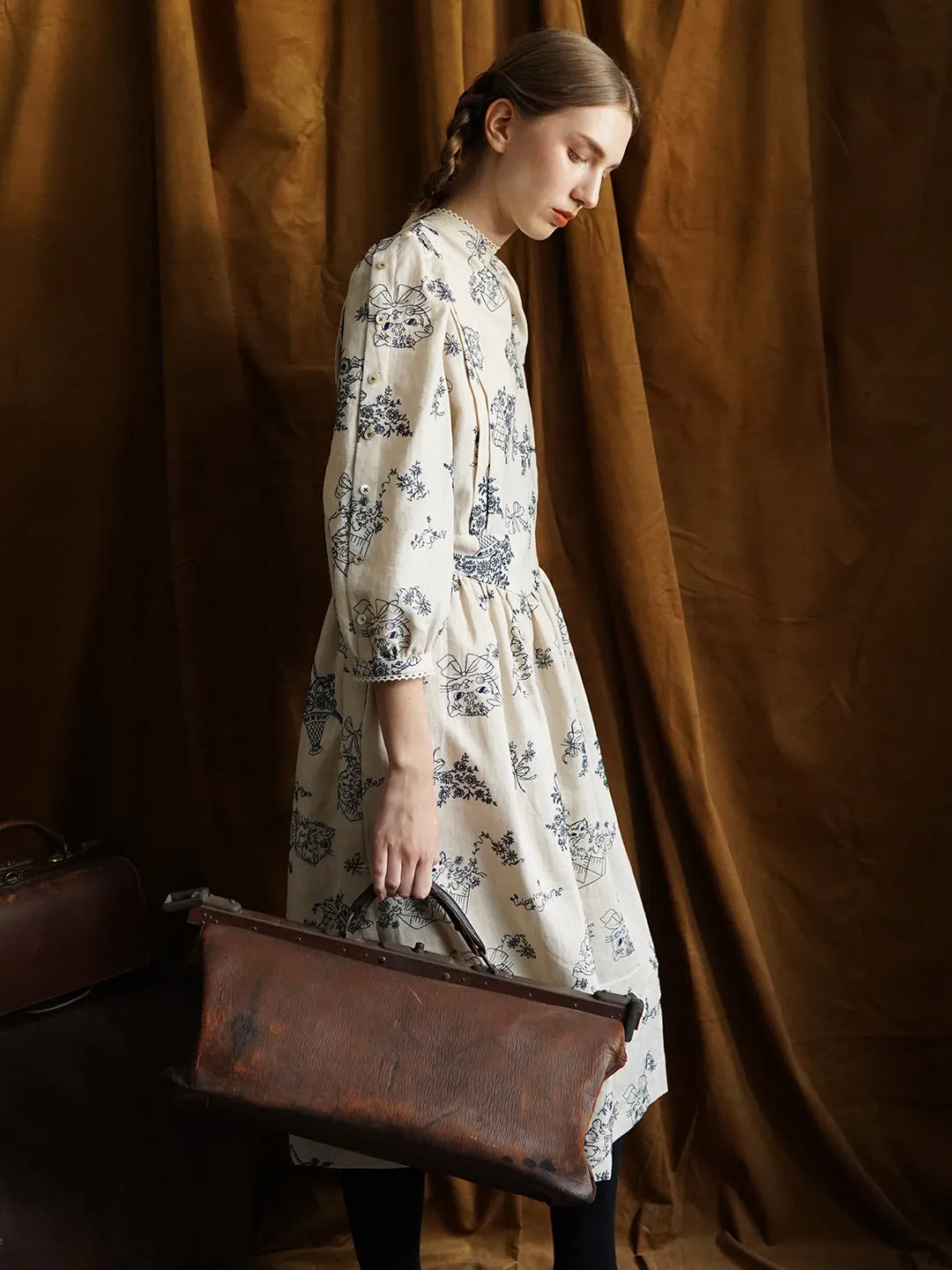 Unlogical Poem Victorian style Blue Illustration Embroidered Ramie Dress