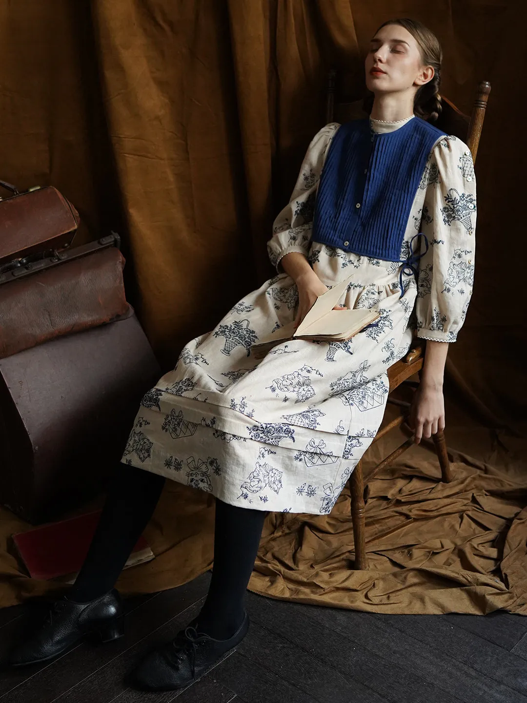 Unlogical Poem Victorian style Blue Illustration Embroidered Ramie Dress