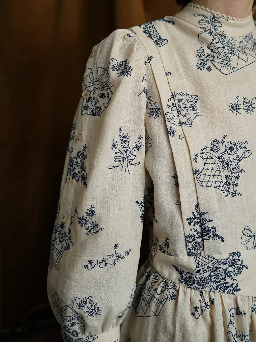 Unlogical Poem Victorian style Blue Illustration Embroidered Ramie Dress