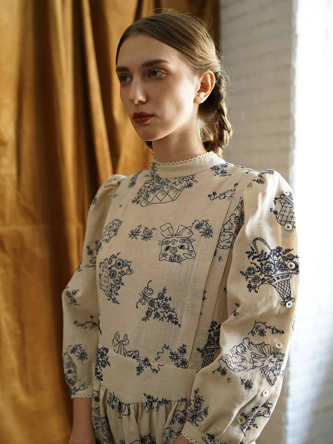 Unlogical Poem Victorian style Blue Illustration Embroidered Ramie Dress