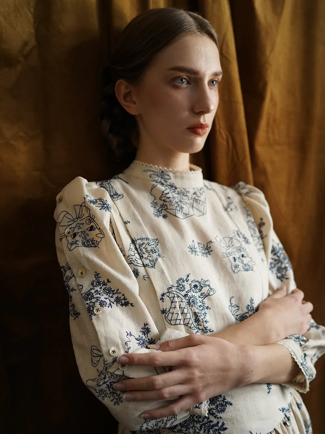 Unlogical Poem Victorian style Blue Illustration Embroidered Ramie Dress