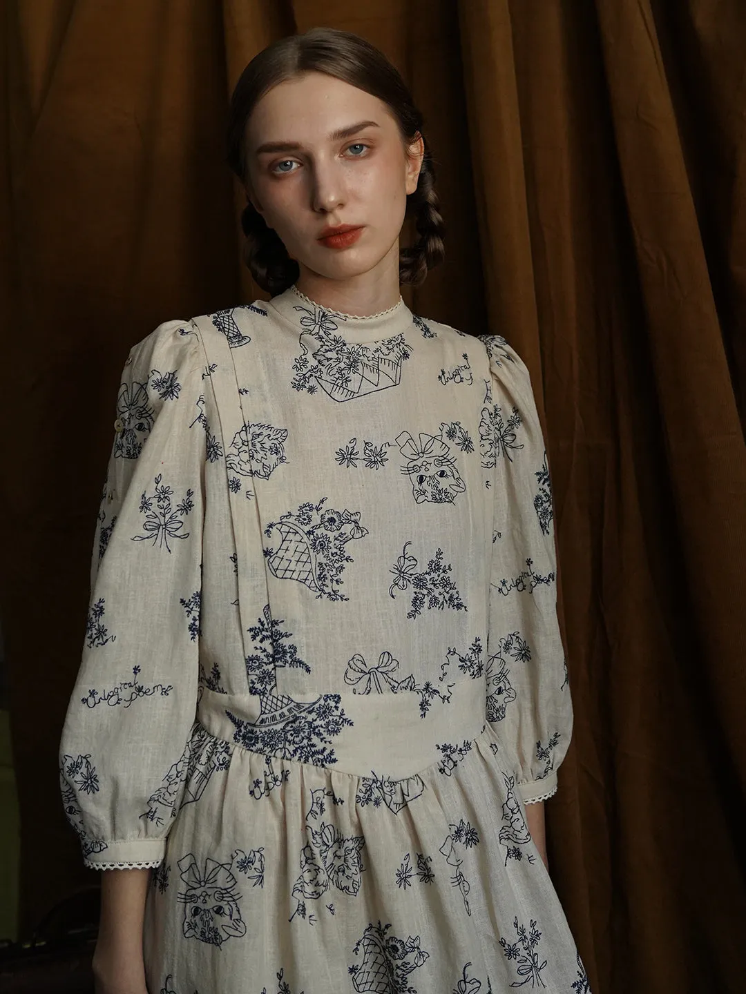Unlogical Poem Victorian style Blue Illustration Embroidered Ramie Dress