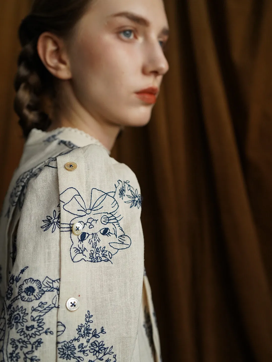 Unlogical Poem Victorian style Blue Illustration Embroidered Ramie Dress
