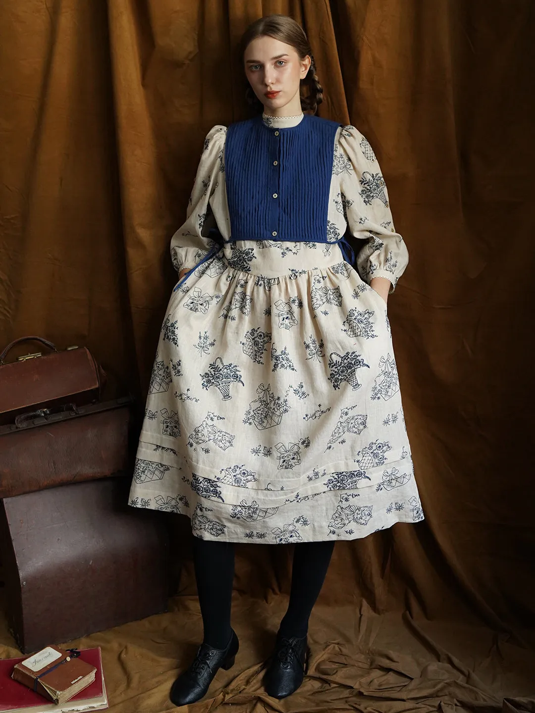 Unlogical Poem Victorian style Blue Illustration Embroidered Ramie Dress