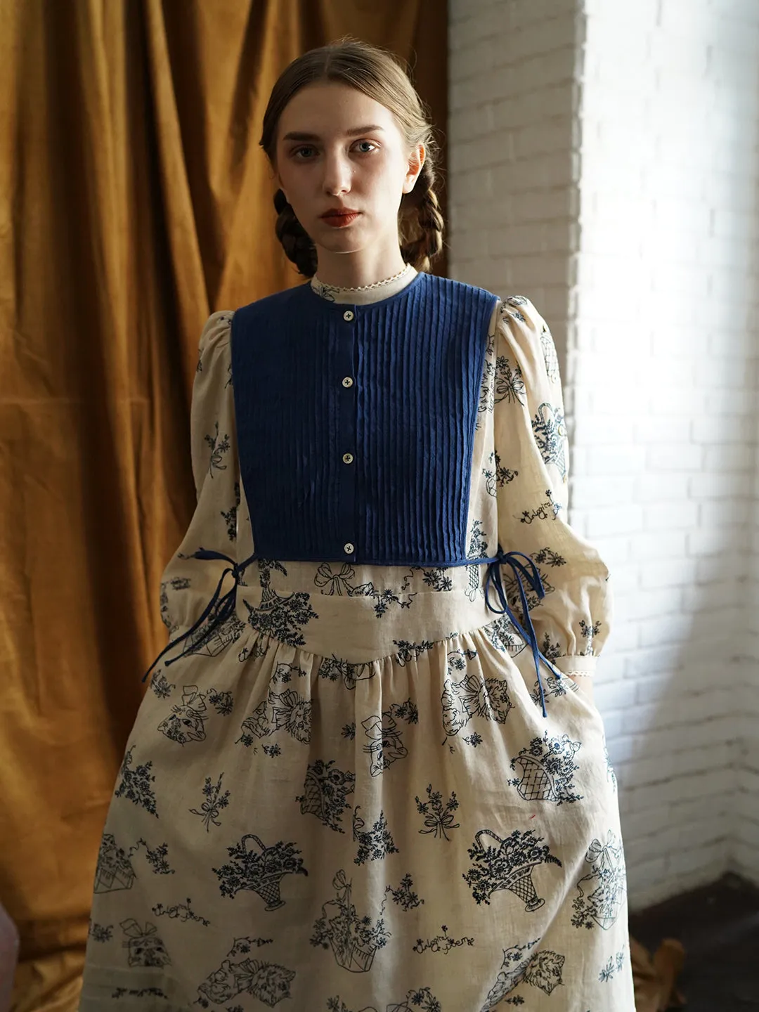 Unlogical Poem Victorian style Blue Illustration Embroidered Ramie Dress