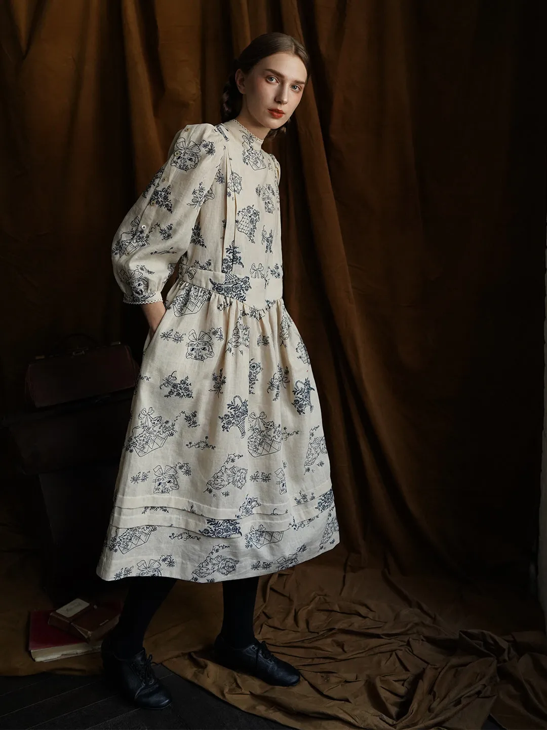 Unlogical Poem Victorian style Blue Illustration Embroidered Ramie Dress