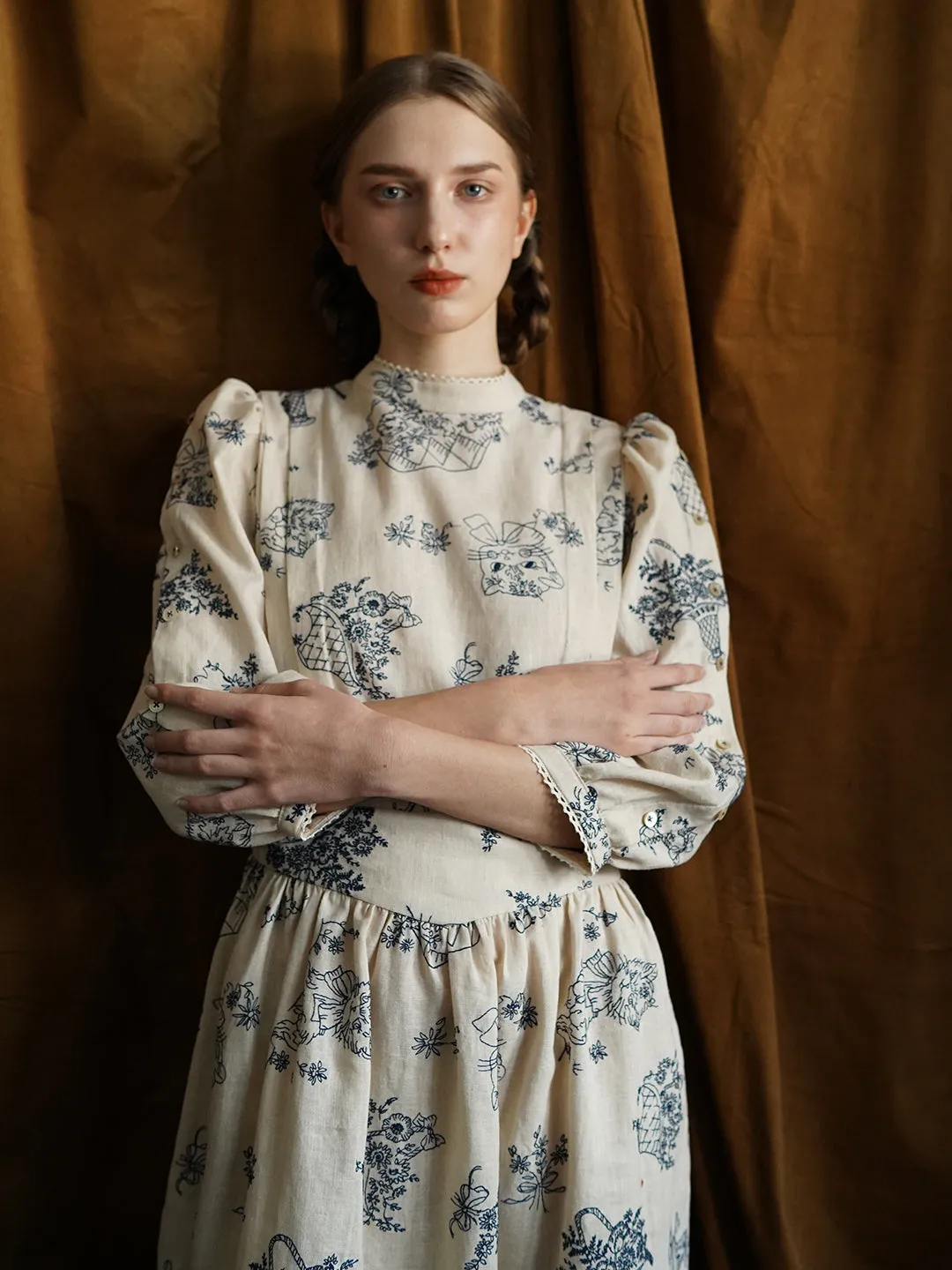 Unlogical Poem Victorian style Blue Illustration Embroidered Ramie Dress