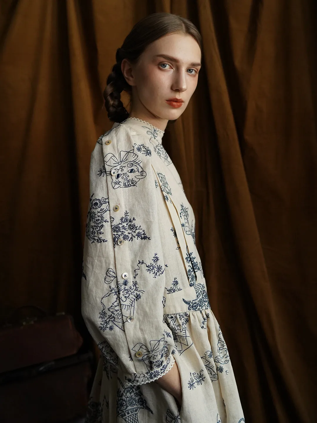 Unlogical Poem Victorian style Blue Illustration Embroidered Ramie Dress