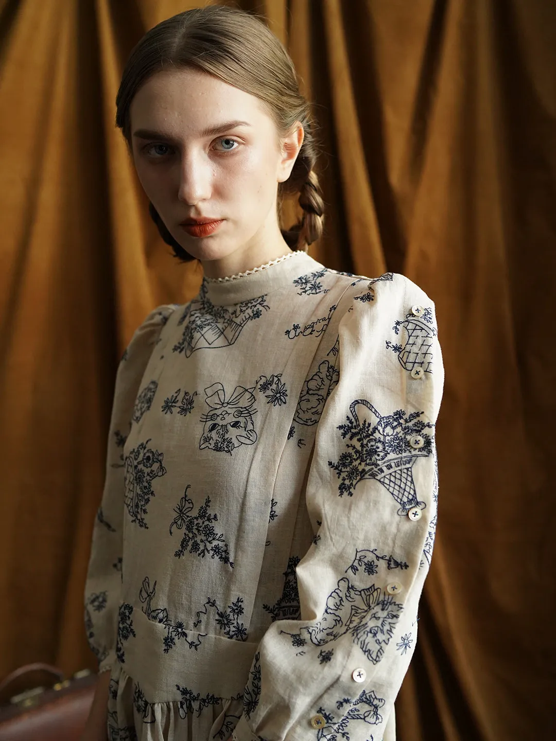 Unlogical Poem Victorian style Blue Illustration Embroidered Ramie Dress