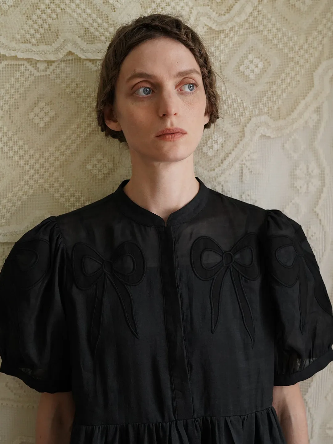 Unlogical Poem Victorian Style Bow Applique Embroidered Black Dress