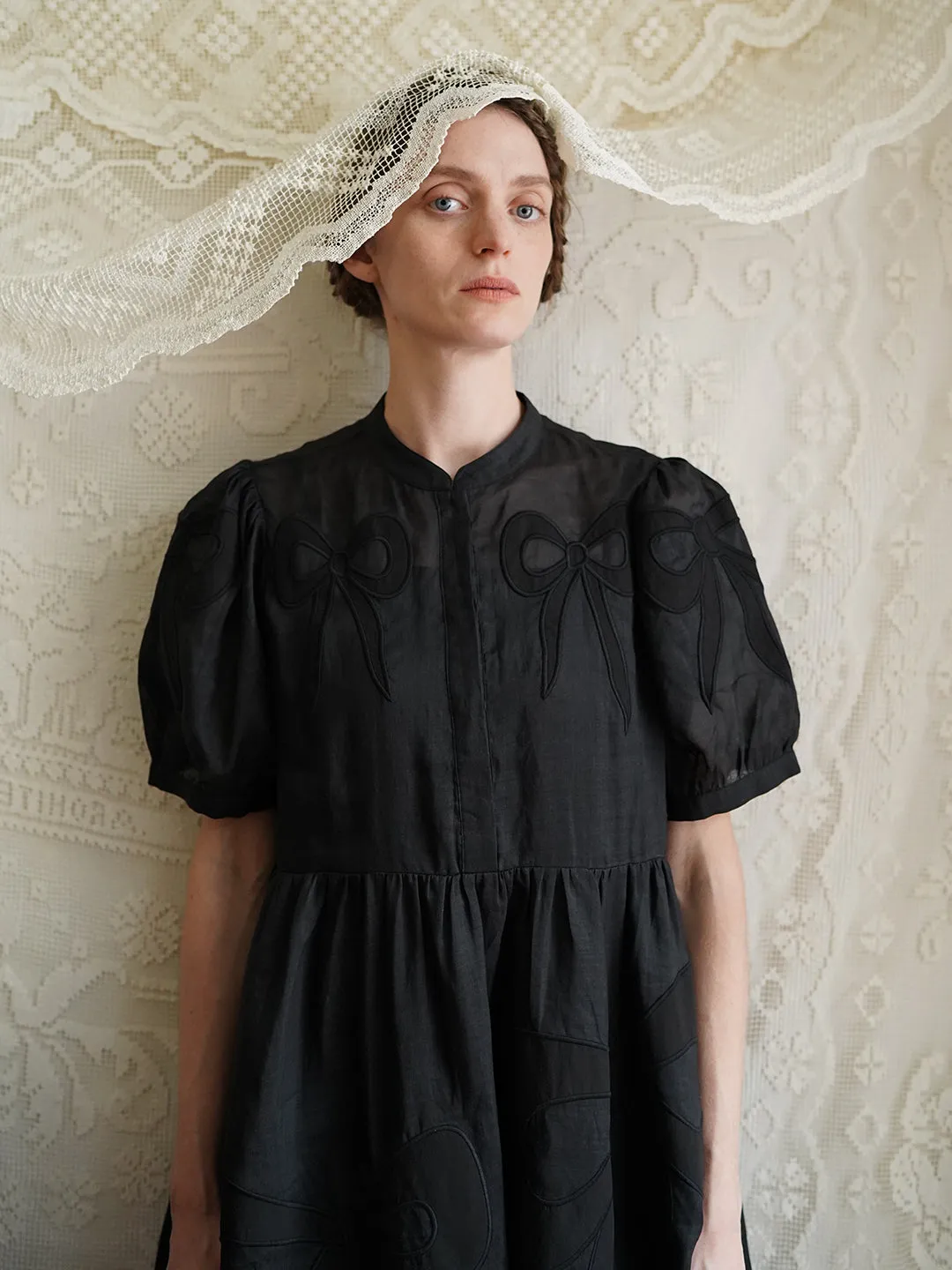 Unlogical Poem Victorian Style Bow Applique Embroidered Black Dress