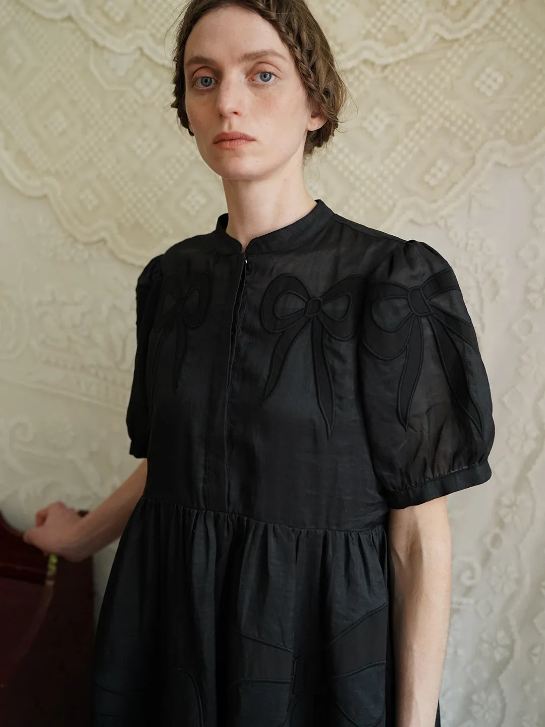 Unlogical Poem Victorian Style Bow Applique Embroidered Black Dress