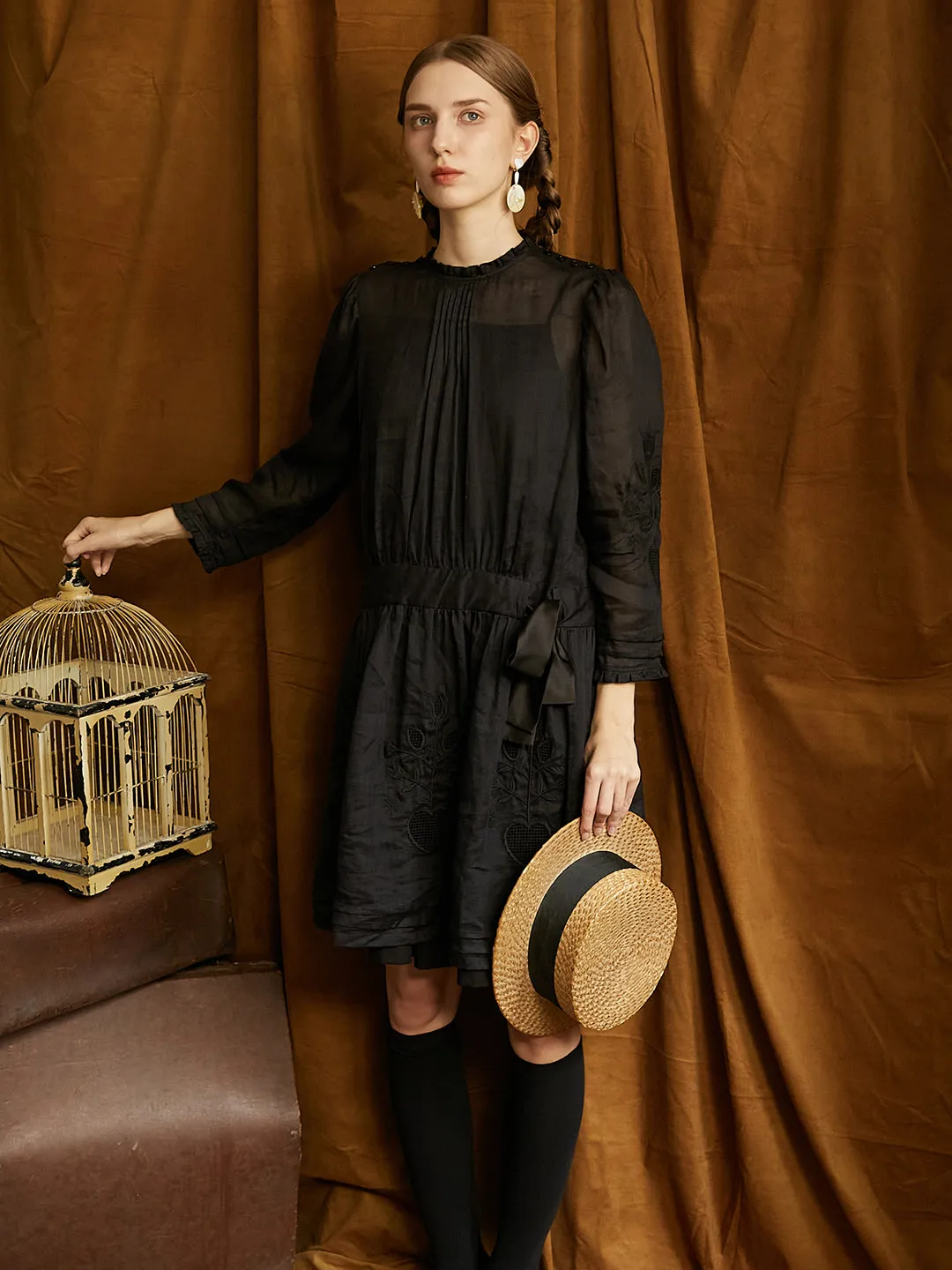 Unlogical Poem Victorian style Hollow Embroidery Black Ramie dress