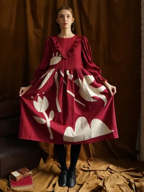 Unlogical Poem Victorian style Illustration Embroidered Patches Red Ramie Dress