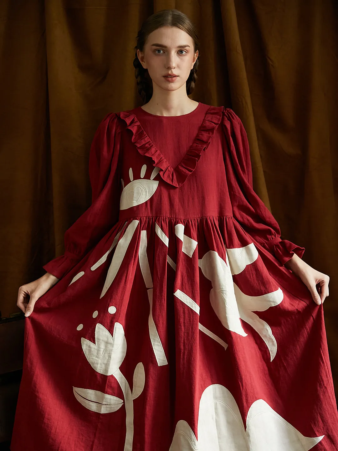 Unlogical Poem Victorian style Illustration Embroidered Patches Red Ramie Dress