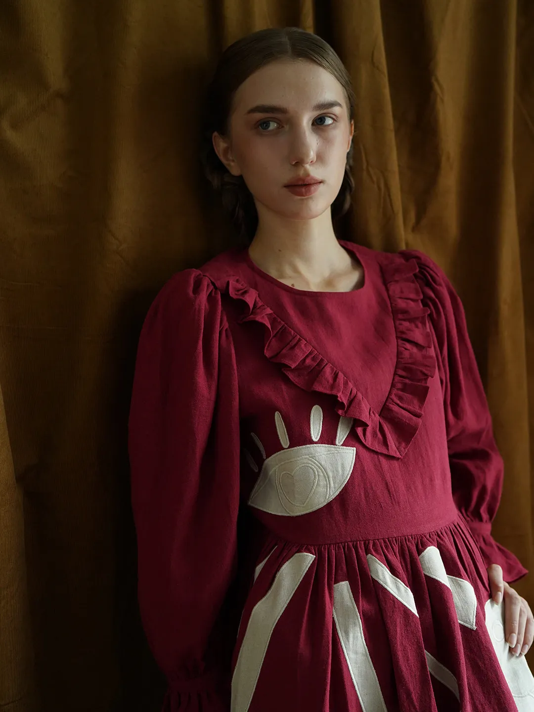 Unlogical Poem Victorian style Illustration Embroidered Patches Red Ramie Dress