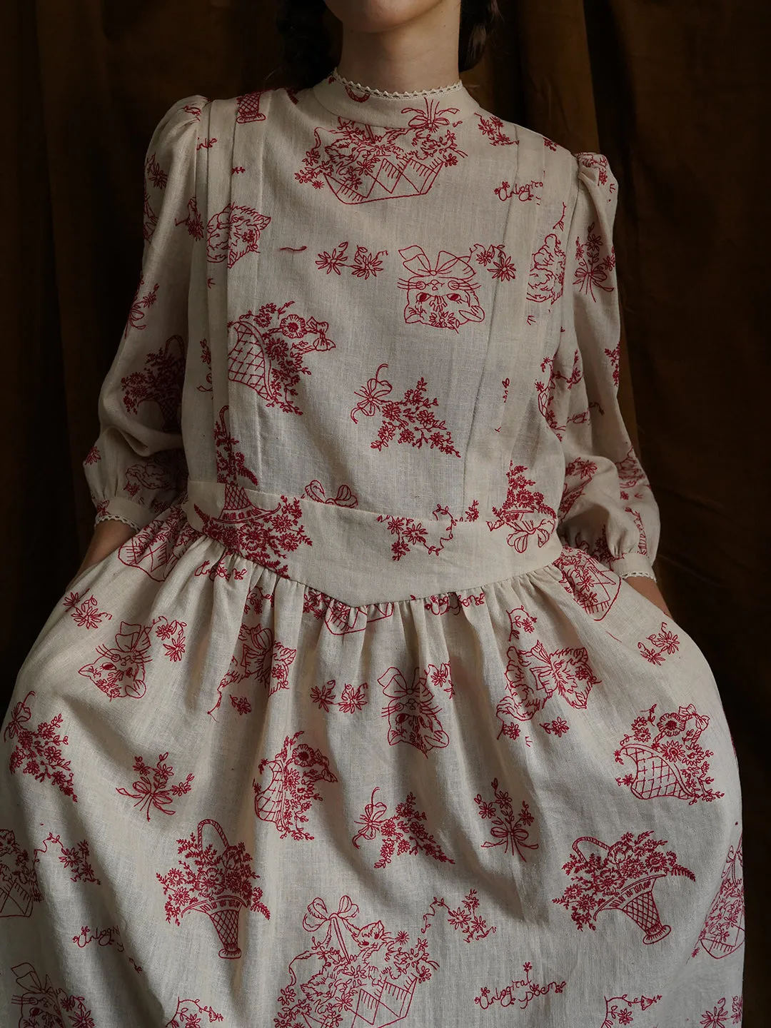 Unlogical Poem Victorian style Red Illustration Embroidered Ramie Dress