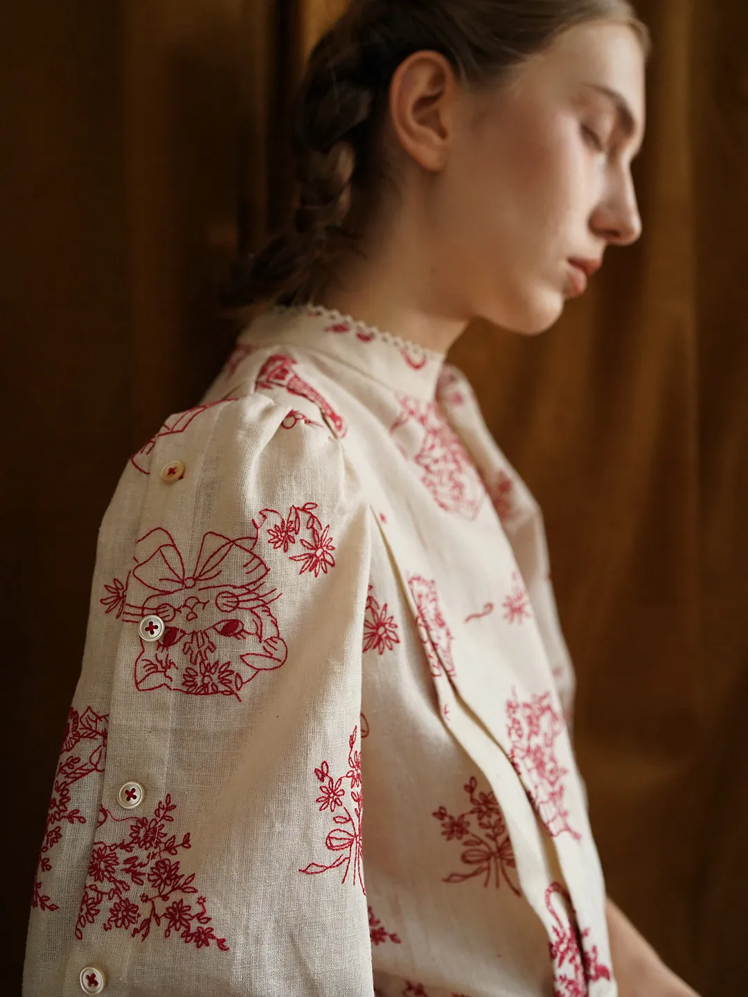 Unlogical Poem Victorian style Red Illustration Embroidered Ramie Dress