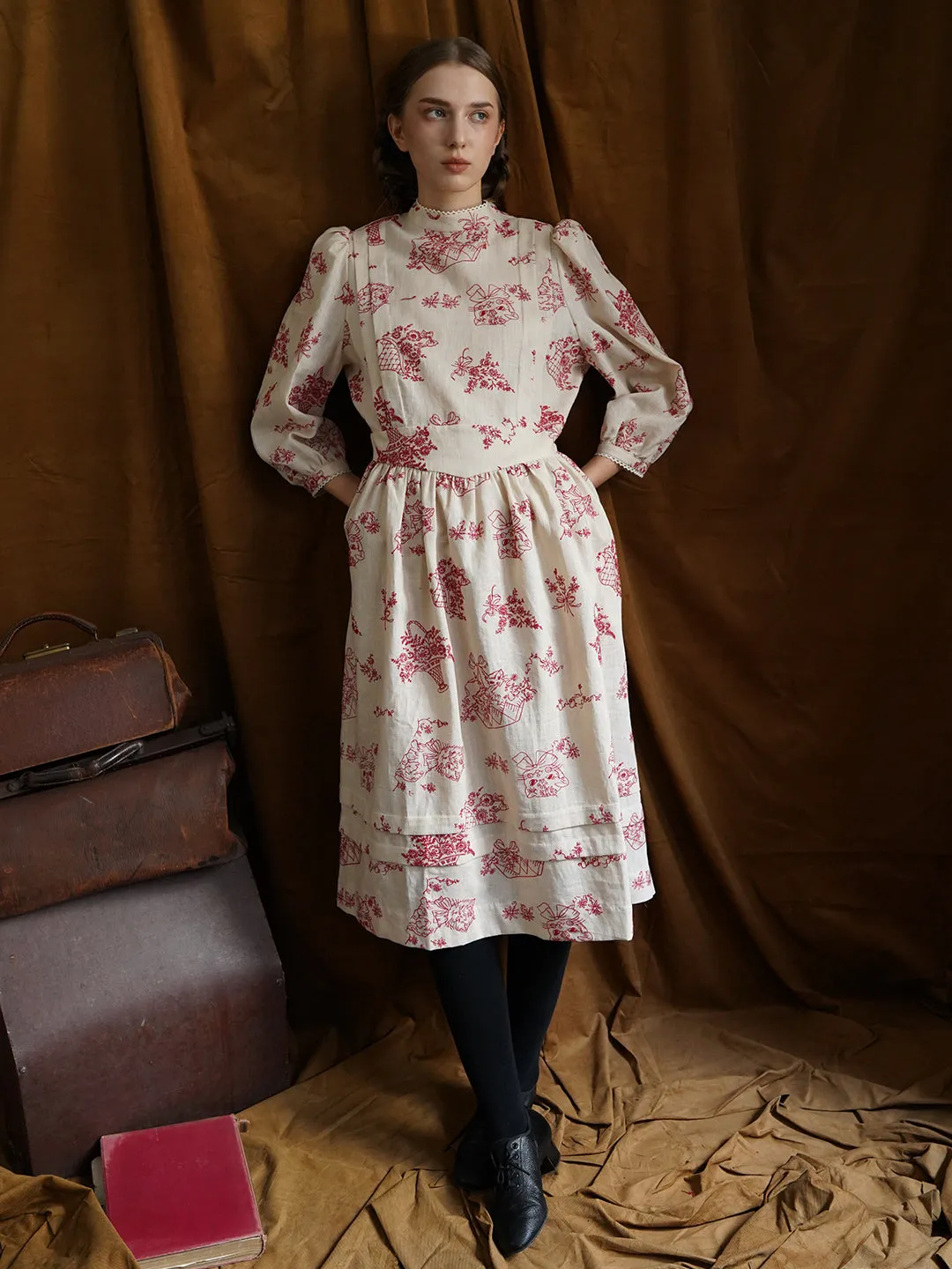 Unlogical Poem Victorian style Red Illustration Embroidered Ramie Dress