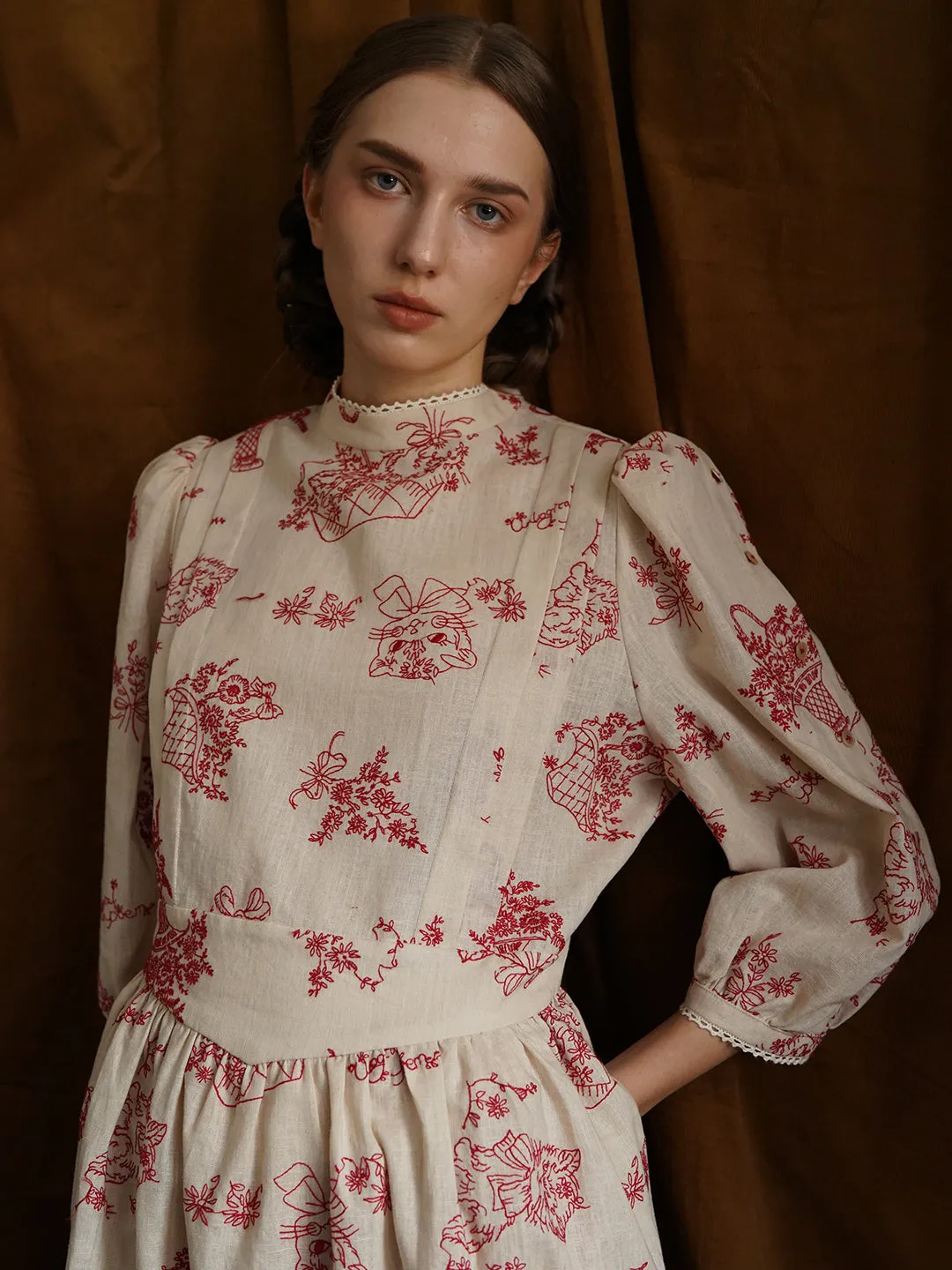 Unlogical Poem Victorian style Red Illustration Embroidered Ramie Dress