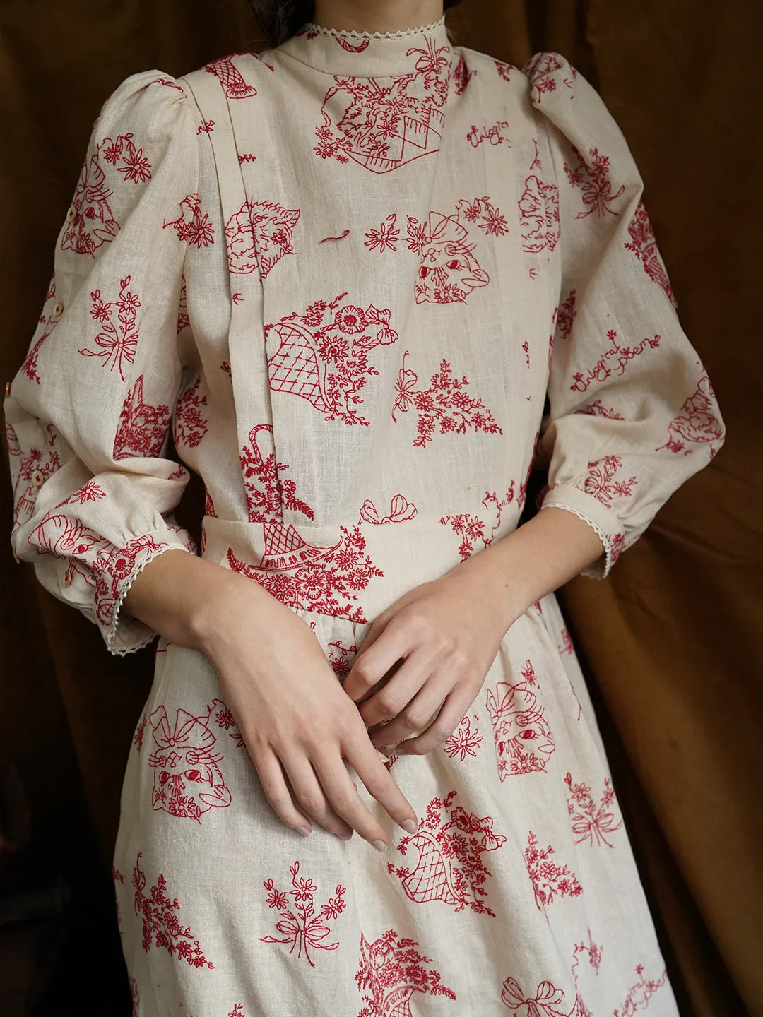 Unlogical Poem Victorian style Red Illustration Embroidered Ramie Dress