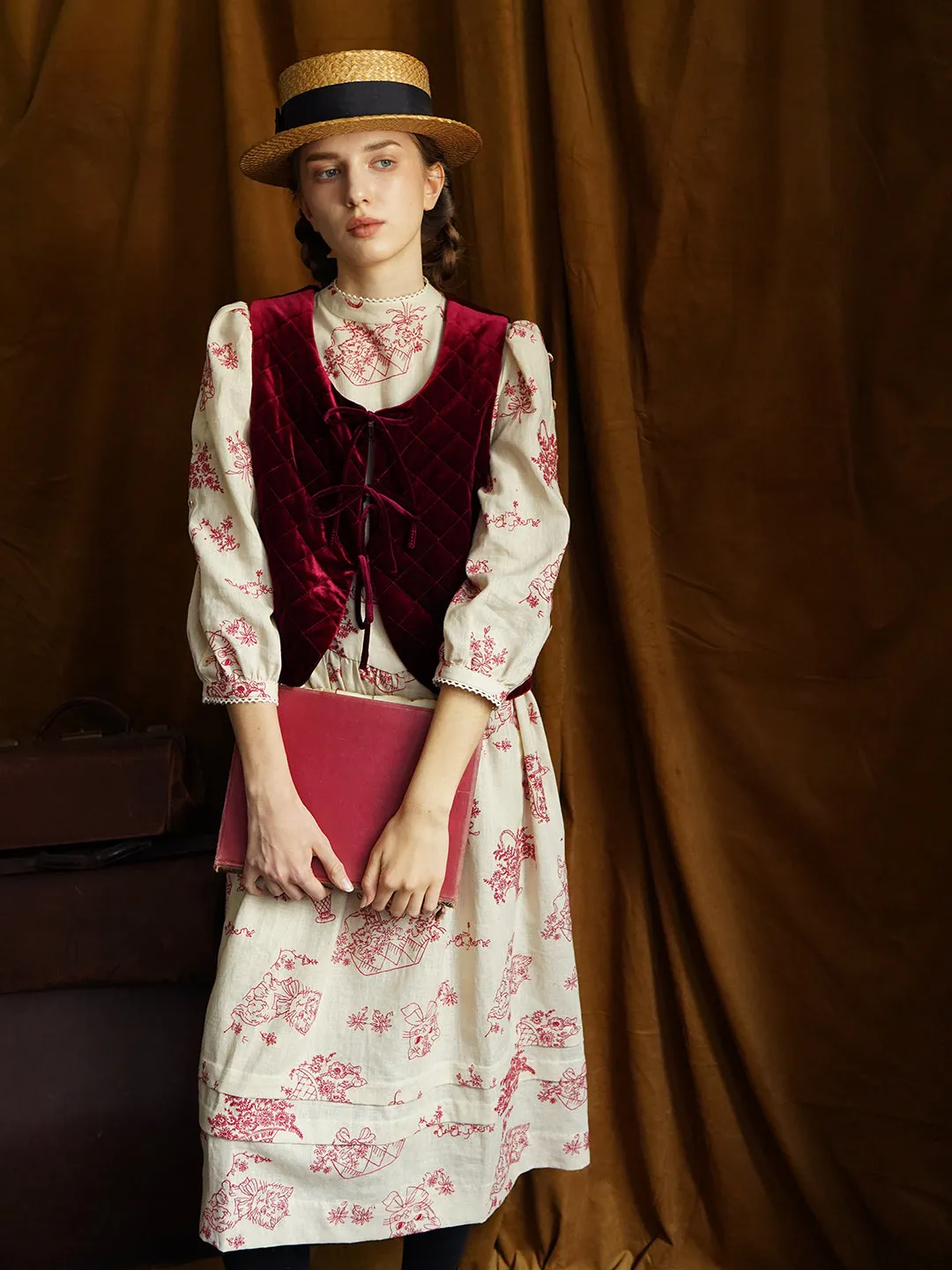 Unlogical Poem Victorian style Red Illustration Embroidered Ramie Dress