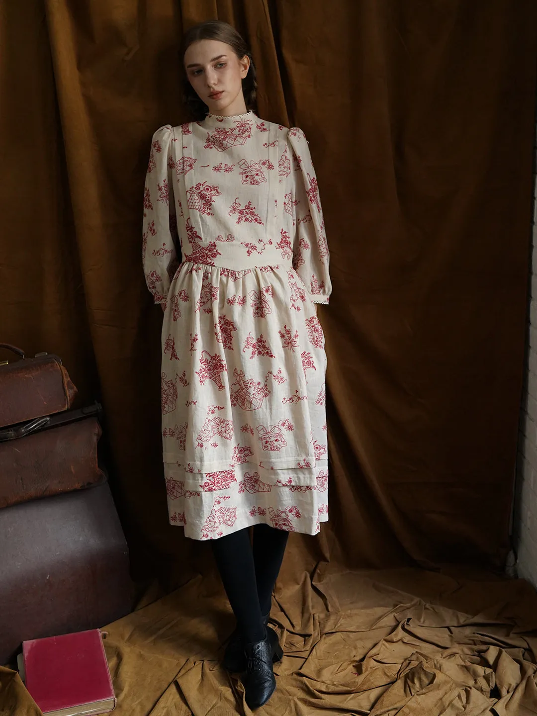 Unlogical Poem Victorian style Red Illustration Embroidered Ramie Dress