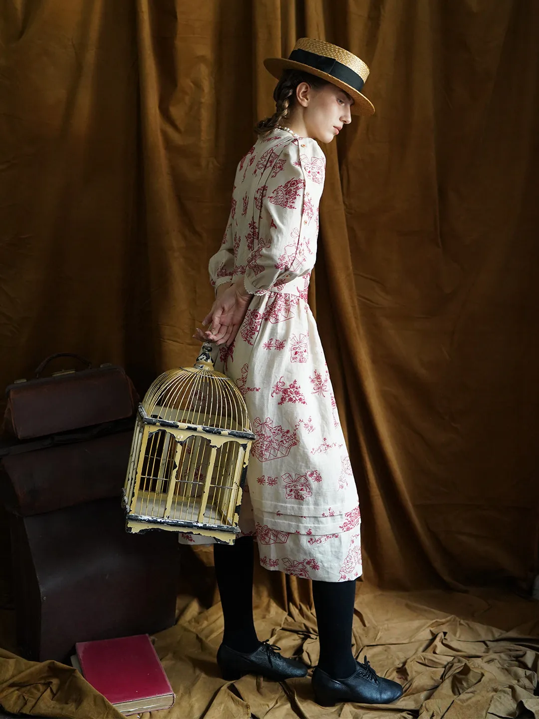 Unlogical Poem Victorian style Red Illustration Embroidered Ramie Dress