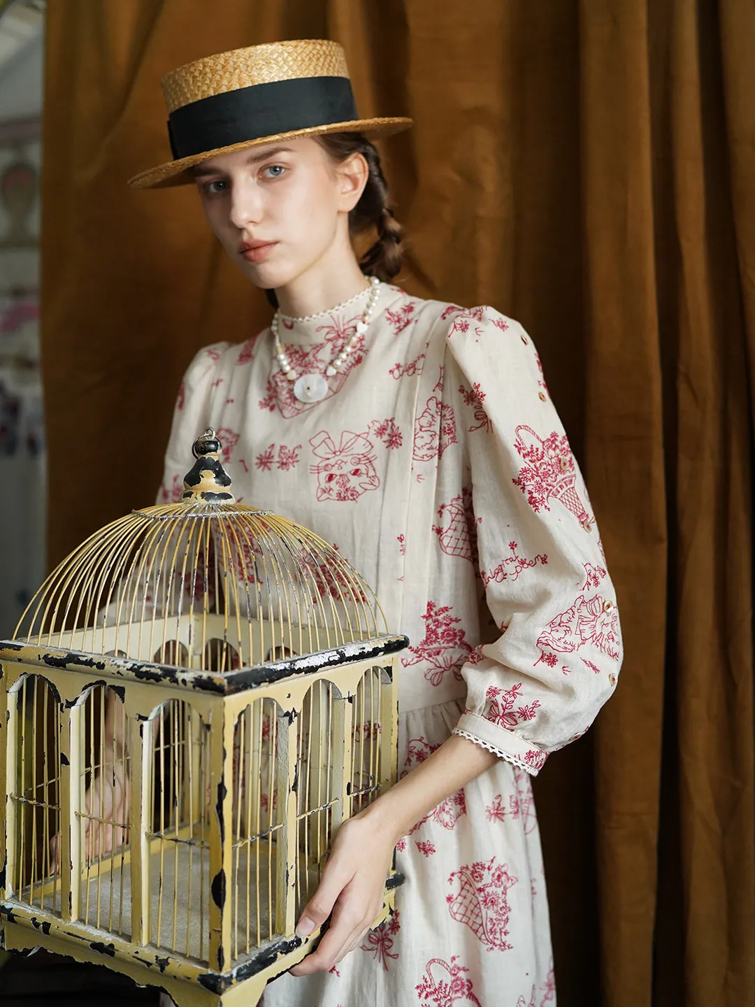 Unlogical Poem Victorian style Red Illustration Embroidered Ramie Dress