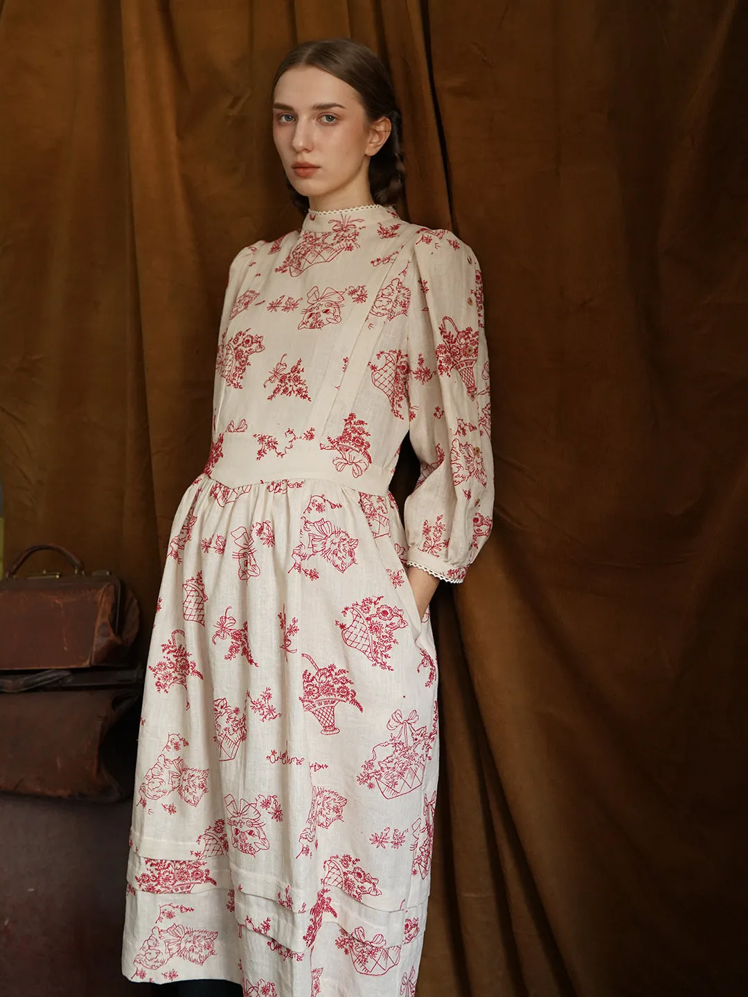 Unlogical Poem Victorian style Red Illustration Embroidered Ramie Dress