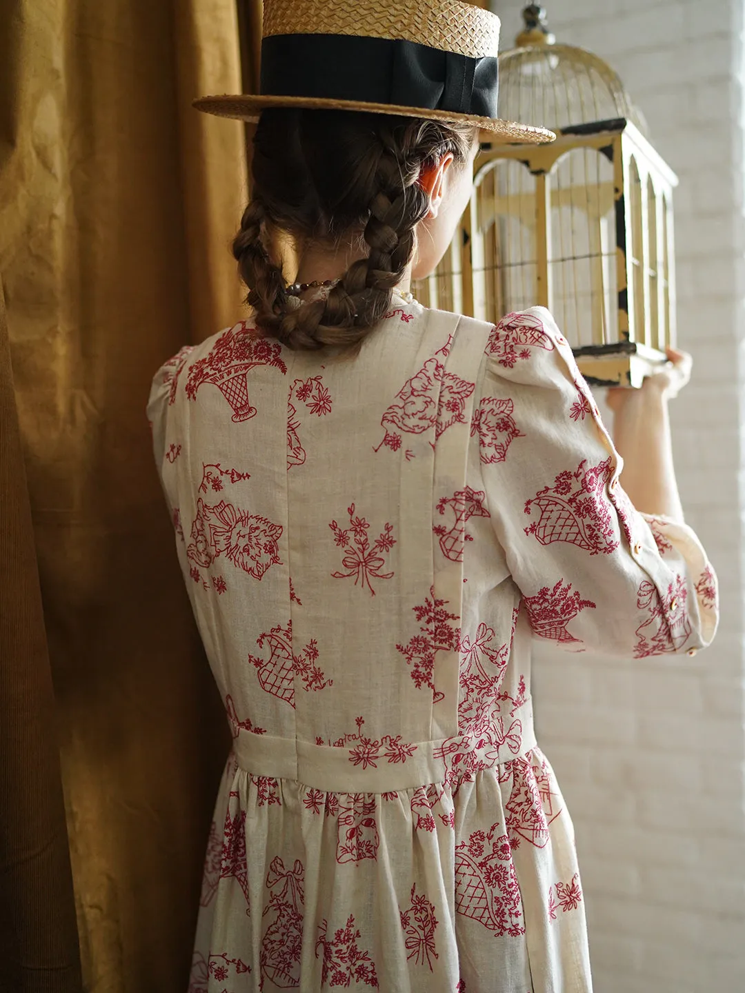 Unlogical Poem Victorian style Red Illustration Embroidered Ramie Dress