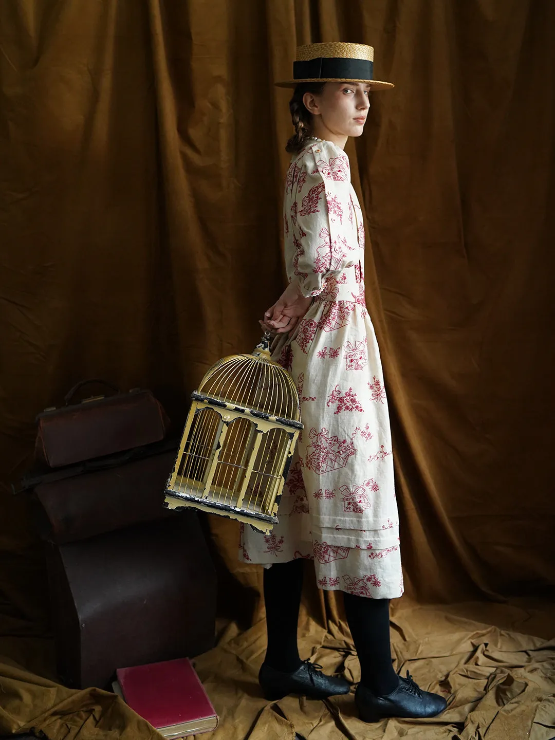 Unlogical Poem Victorian style Red Illustration Embroidered Ramie Dress