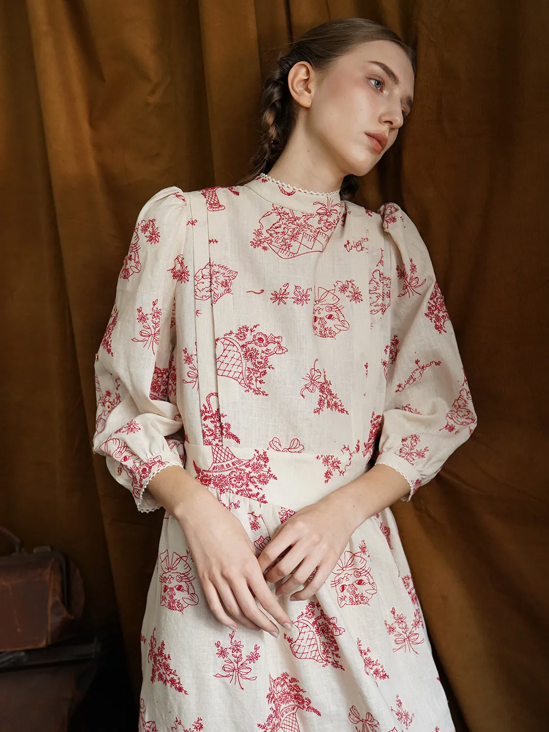 Unlogical Poem Victorian style Red Illustration Embroidered Ramie Dress