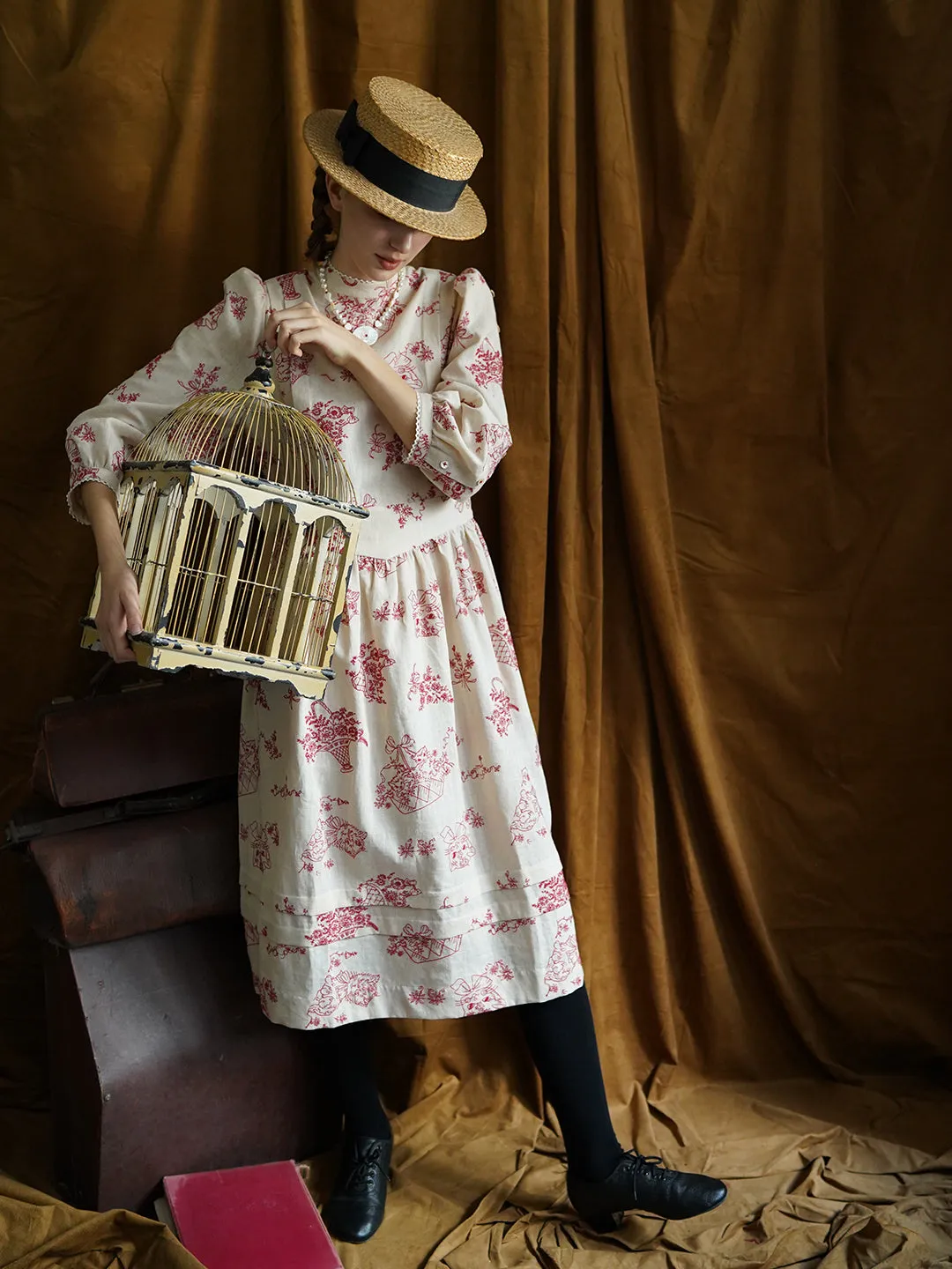 Unlogical Poem Victorian style Red Illustration Embroidered Ramie Dress