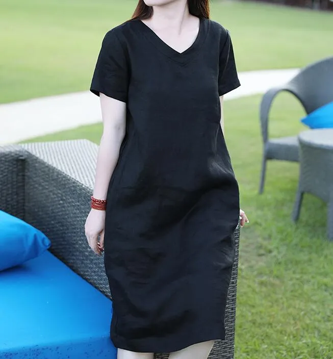 V Neck Floral Women Dresses Ramie Casual Spring Linen Women Dresses Short Sleeve SSM97215