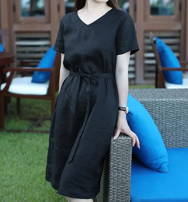 V Neck Floral Women Dresses Ramie Casual Spring Linen Women Dresses Short Sleeve SSM97215