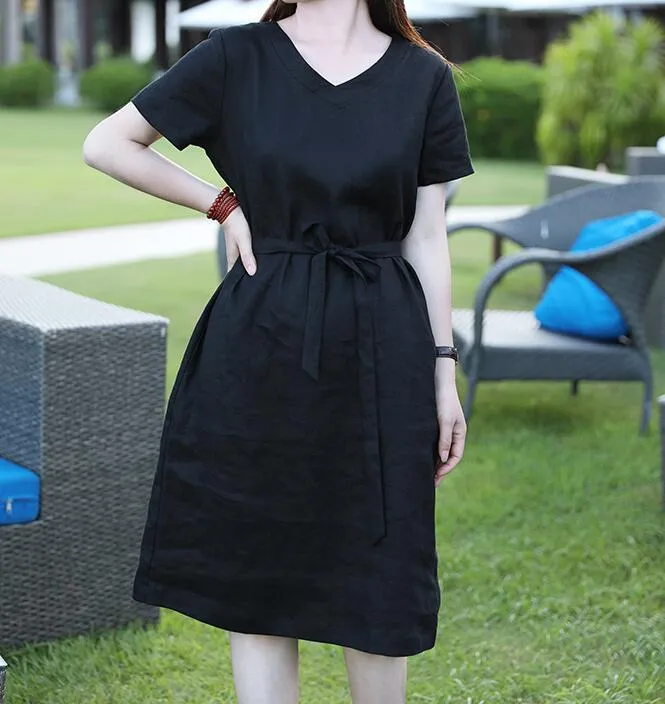 V Neck Floral Women Dresses Ramie Casual Spring Linen Women Dresses Short Sleeve SSM97215