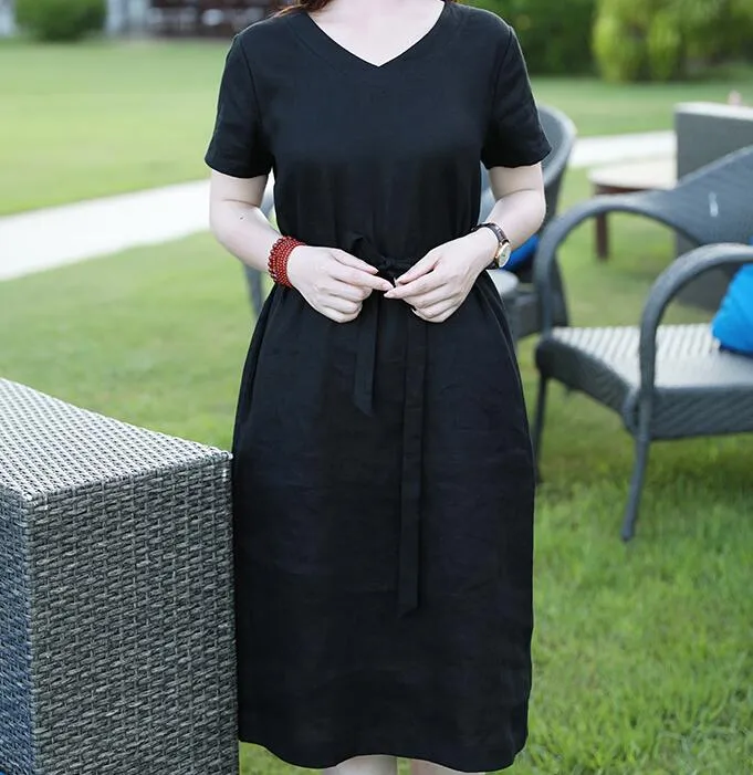V Neck Floral Women Dresses Ramie Casual Spring Linen Women Dresses Short Sleeve SSM97215