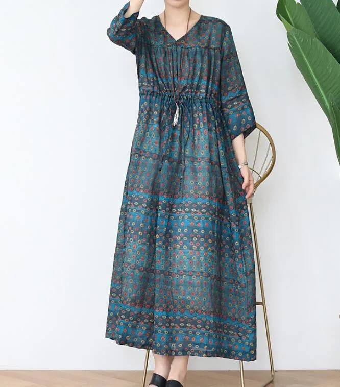 V Neck Flower Ramie Loose Women Summer Fashion Long Dresses Waist String AMT962328
