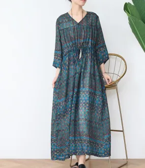 V Neck Flower Ramie Loose Women Summer Fashion Long Dresses Waist String AMT962328